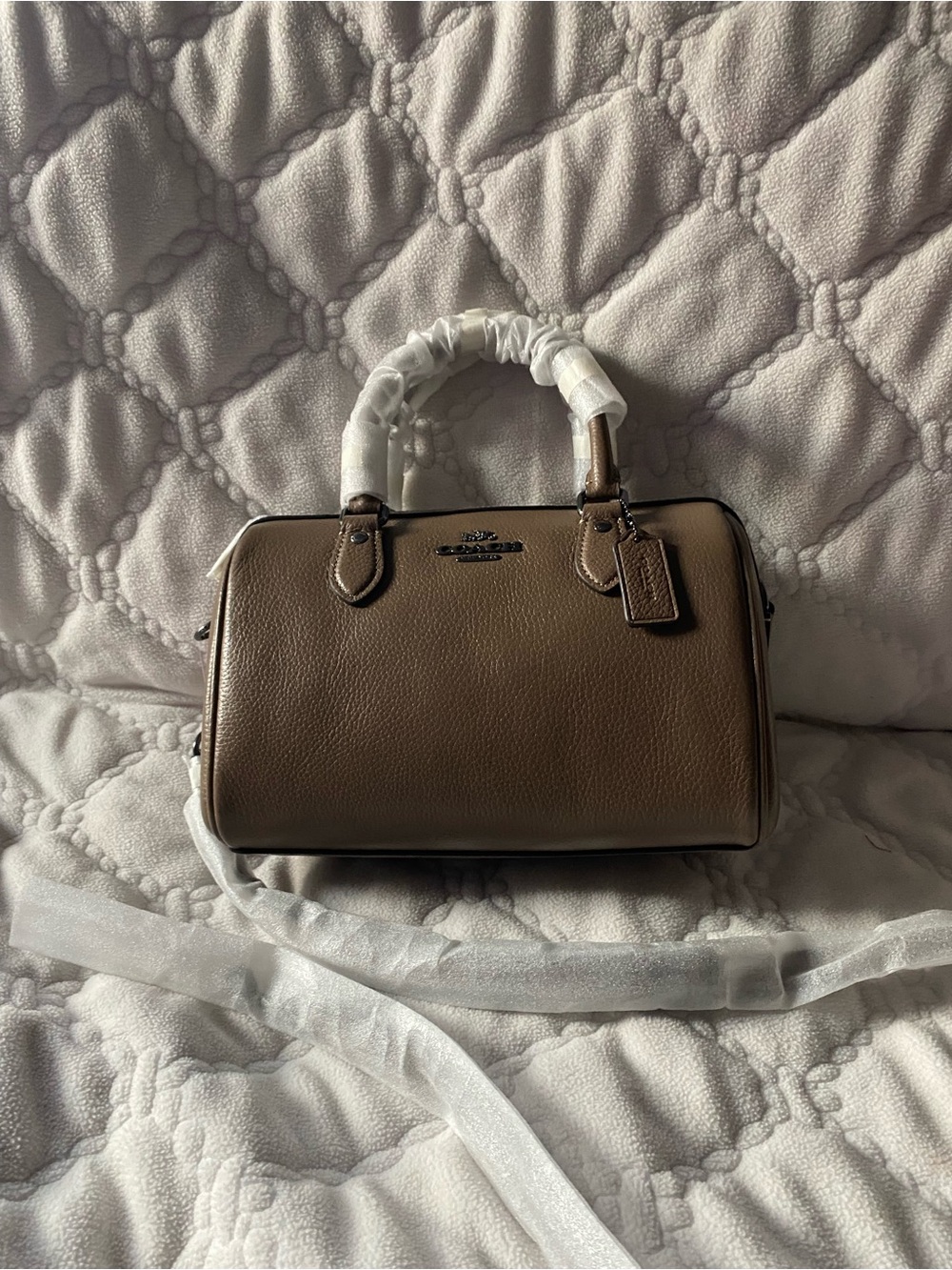 Pebbled Leather Satchel in Taupe with Top Handles - Picture 3 of 7